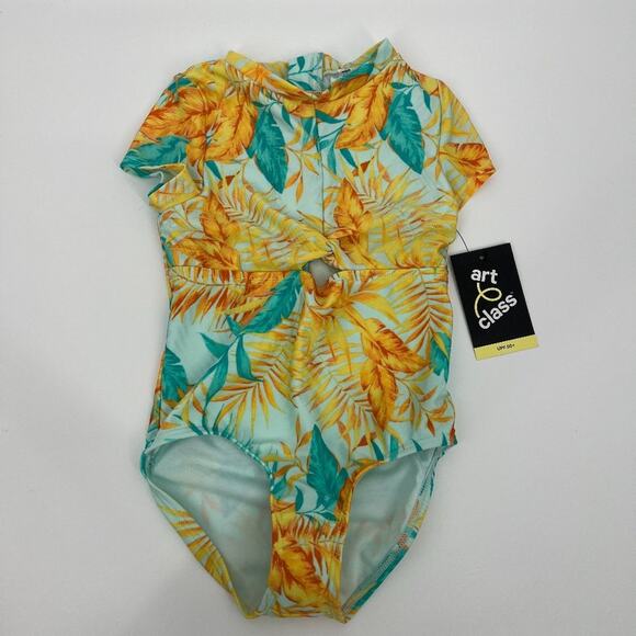 Art Class Girls Cap Sleeve Leaf Print One Piece Swimsuit Multi XS (4/5) NWT - Picture 3 of 7